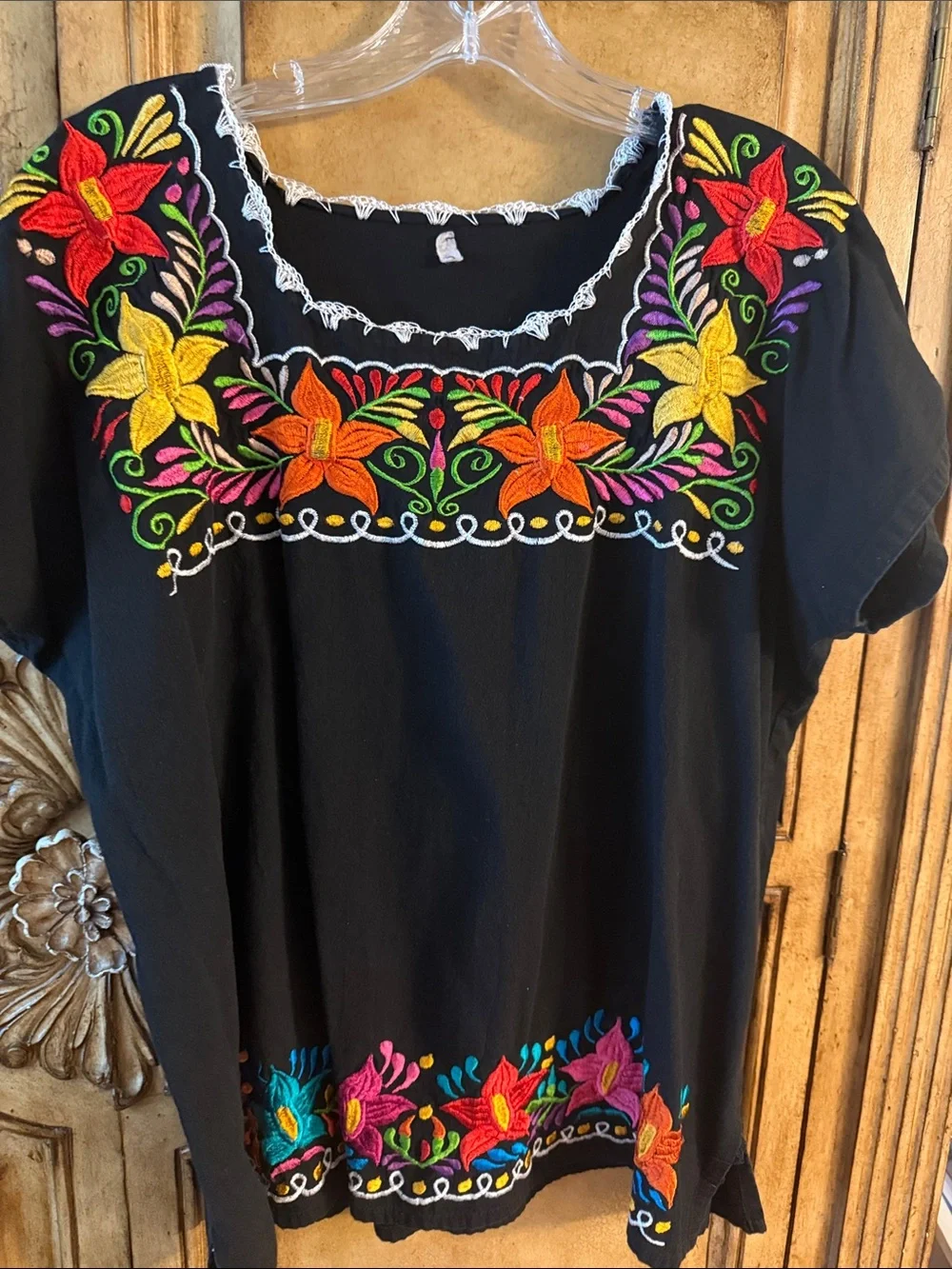 Hand-Embroidered Floral Mexican Peasant Top - Black